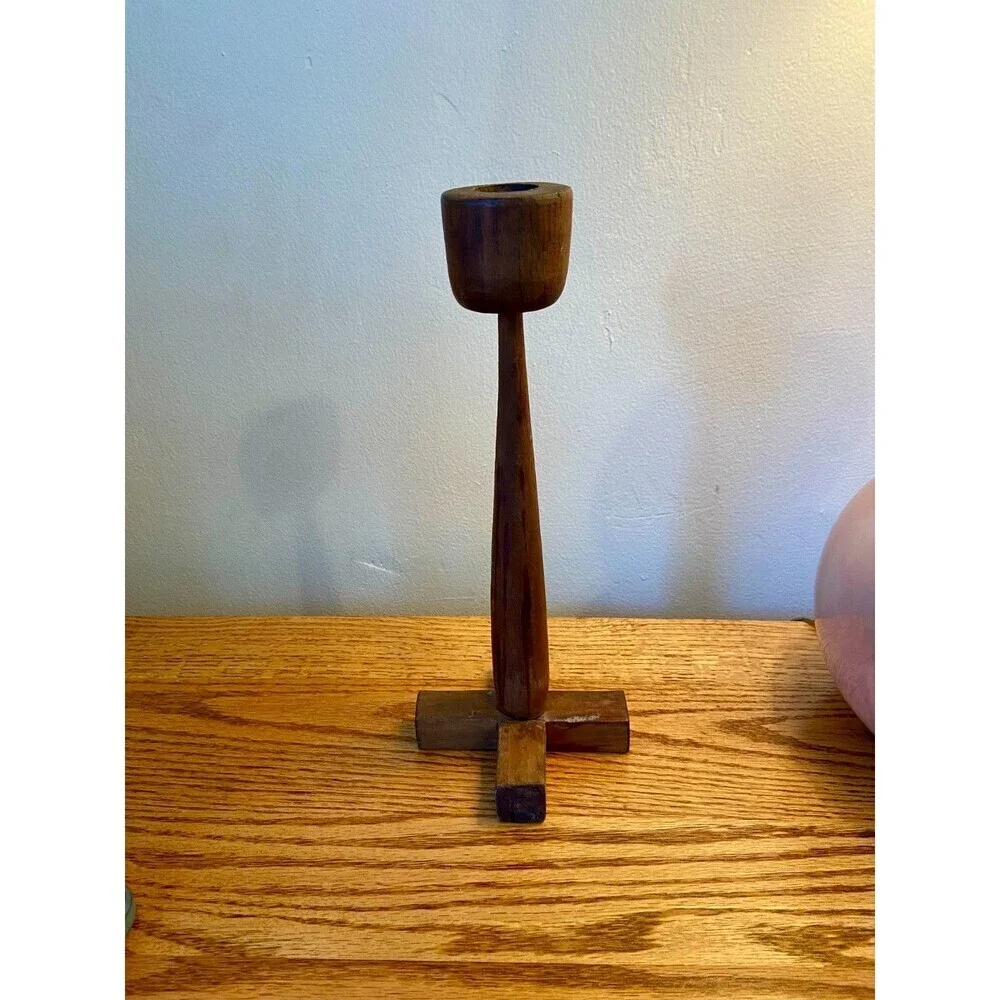Mid Century Modern Wood Candlestick Holder Danish Pillar Round Dark Scandinavian